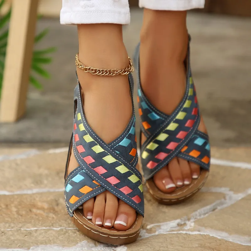 Women Wedge Sandals 2026 Summer New Fashion Color Blocking Design Round Toe Thick Soled Female Casual Comfort Soft Soled Shoes
