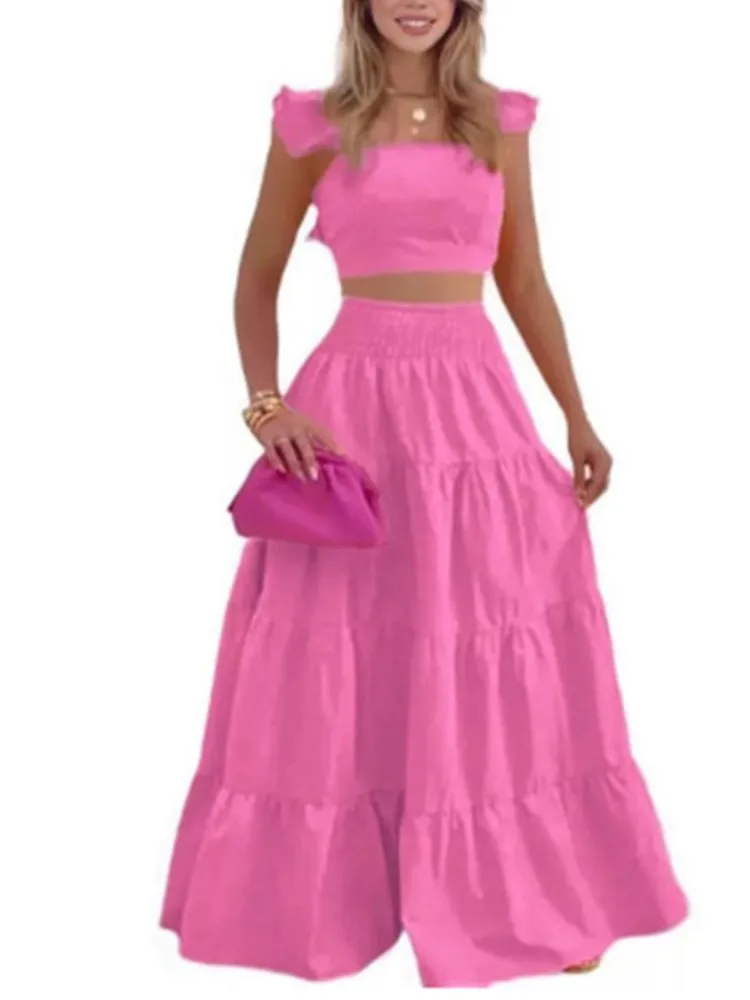 2025 الصيف الربيع Y2k قطعتين مجموعة امرأة جديدة أنيقة مثير الملابس الكولاج بلوزات بلا أكمام وتنورة طويلة الإناث 2 قطعة مجموعات