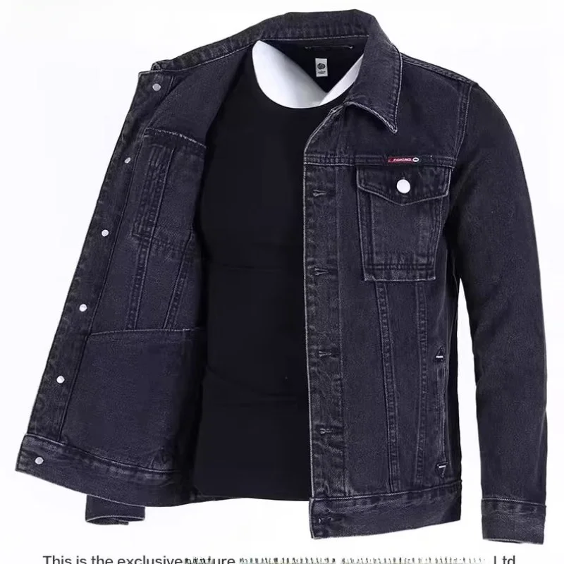 Trendy American Style Men's Denim Jacket Spring Autumn Large Size Workwear Collar Jacket Casual Long Sleeve Cotton Outerwear
