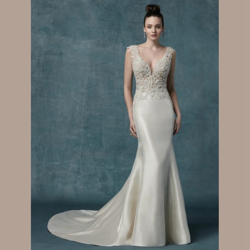 Robe de mariée élégante en fibre de satin à col en V, manches longues, longueur au sol, train de balayage, appliques perlées, fermeture éclair, robe de patients, 2024