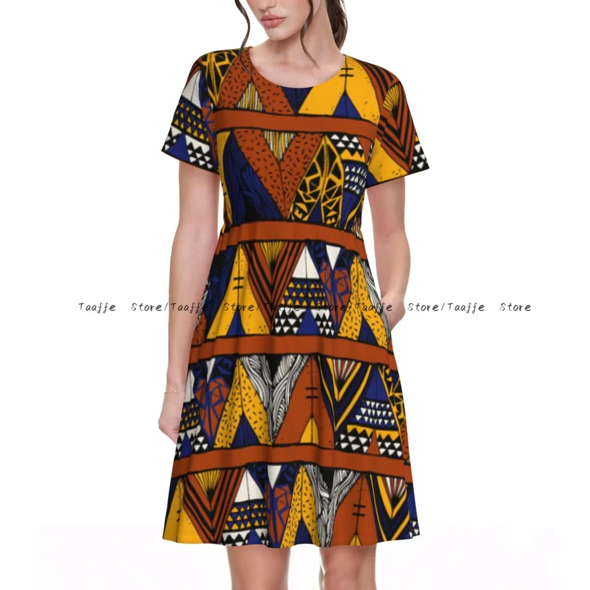 

Elegant Women Dress Tepee Wigwam Native Illustration Turn-down Collar Short Sleeve Body-Shaping Street Robe