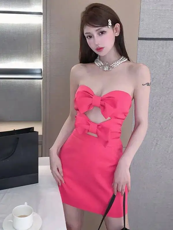 2024 Summer Sexy Bow Hollow Out Backless Strapless Dress Women Spicy Girl Cinching Waist Wrap Hip Solid Slim Short Dress AFYI