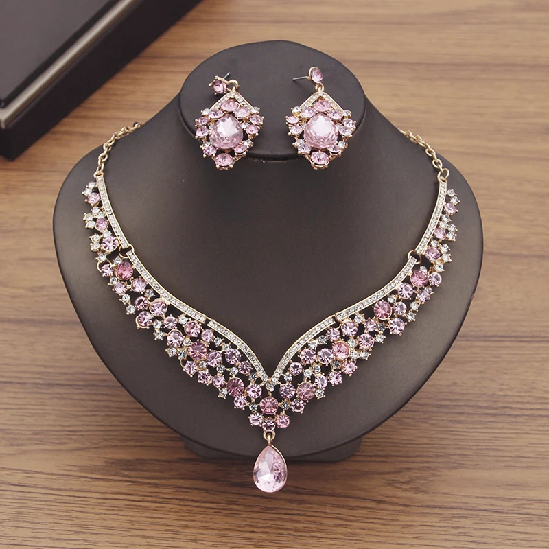 Gorgeous Purple Crystal Wedding Dress Choker Necklace Sets for Women Bridal Jewelry Sets Earrings Dubai Jewelry Sets Fashion