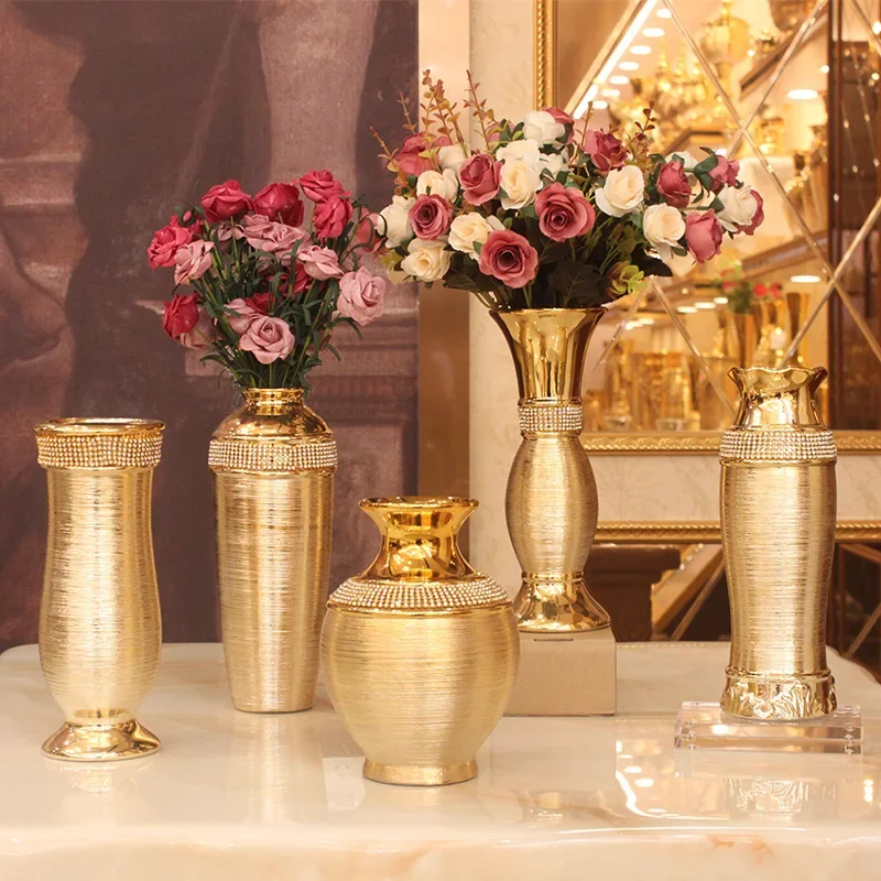 European Style Light Luxury Electroplating Golden Brushed Ceramic Metal Gold Vase Modern Dining Table Home Decoration Wedding