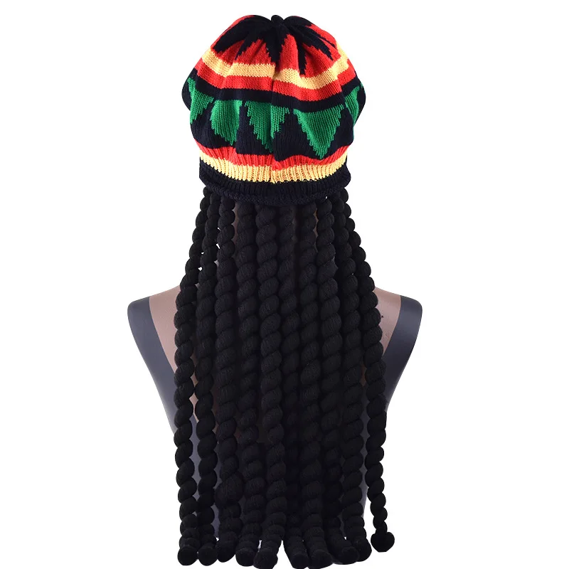 Unisex Jamaican Black Dreadlocks Wig Hair Hat Knitted Braid Rasta Beanie Cap Hip Hop Headwear Dreadlocks Wig Fancy Hat Haircover