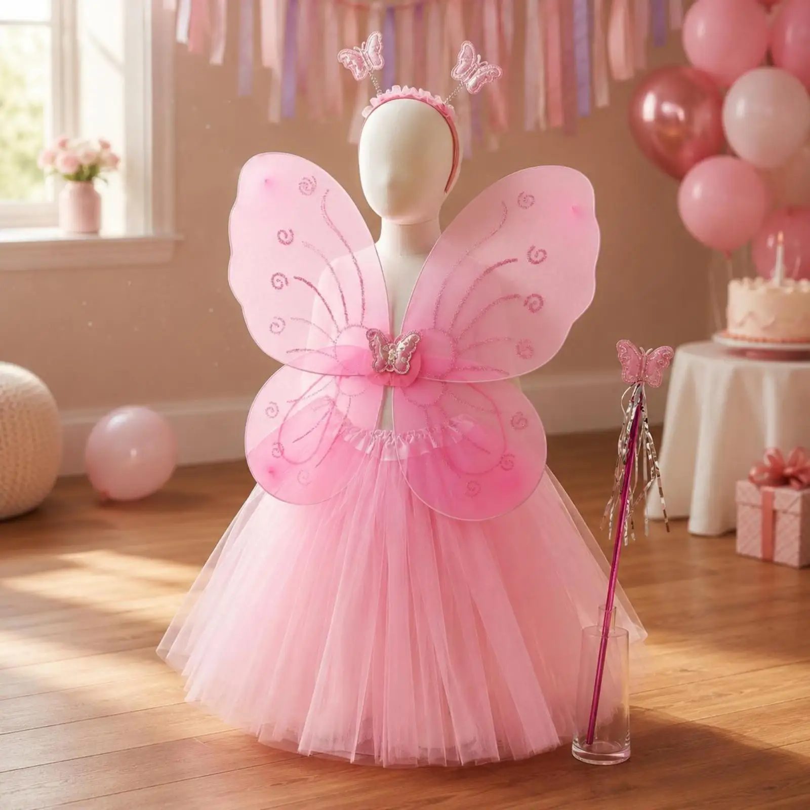 Butterfly Costume Set for Girls Tutu Dress with Folding Wings Tulle Skirt Headband and Play Rod for Party