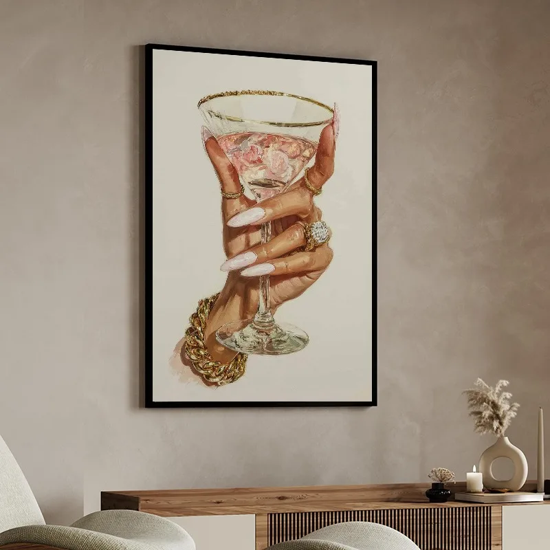 1pc frameless Glam Woman Hand Holding Wine Cocktail Poster, Luxury Fashion Wall Art, Gold Jewelry Art Canvas Painting Print Home