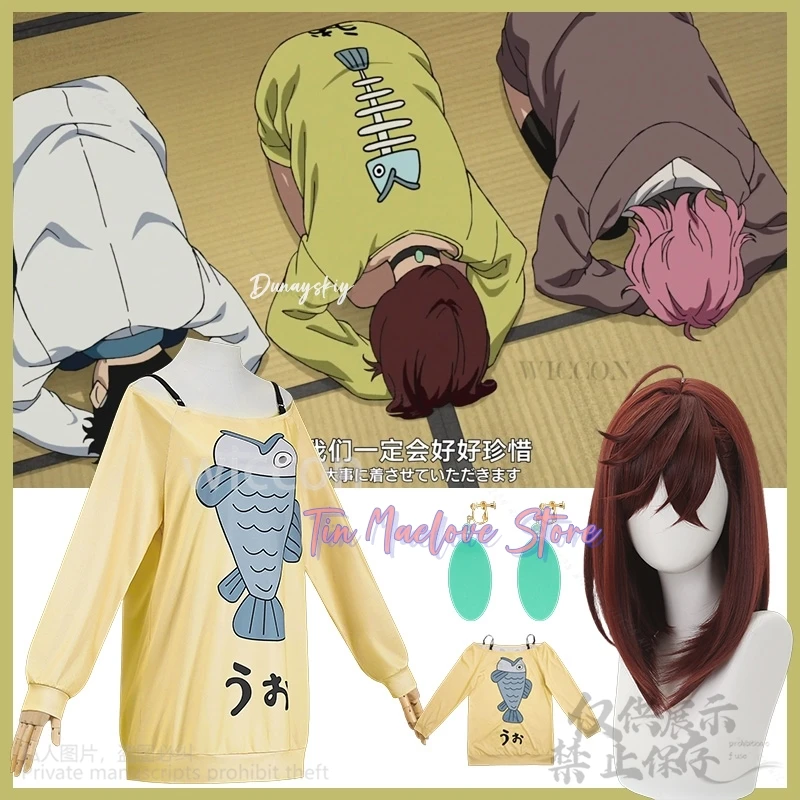 

Momo Ayase Anime Dandadan 코스프레 Costume Yellow Strapless Sweatshirt Boat Neck Fantasia Uniform Cartoon Fish Wigs Customized