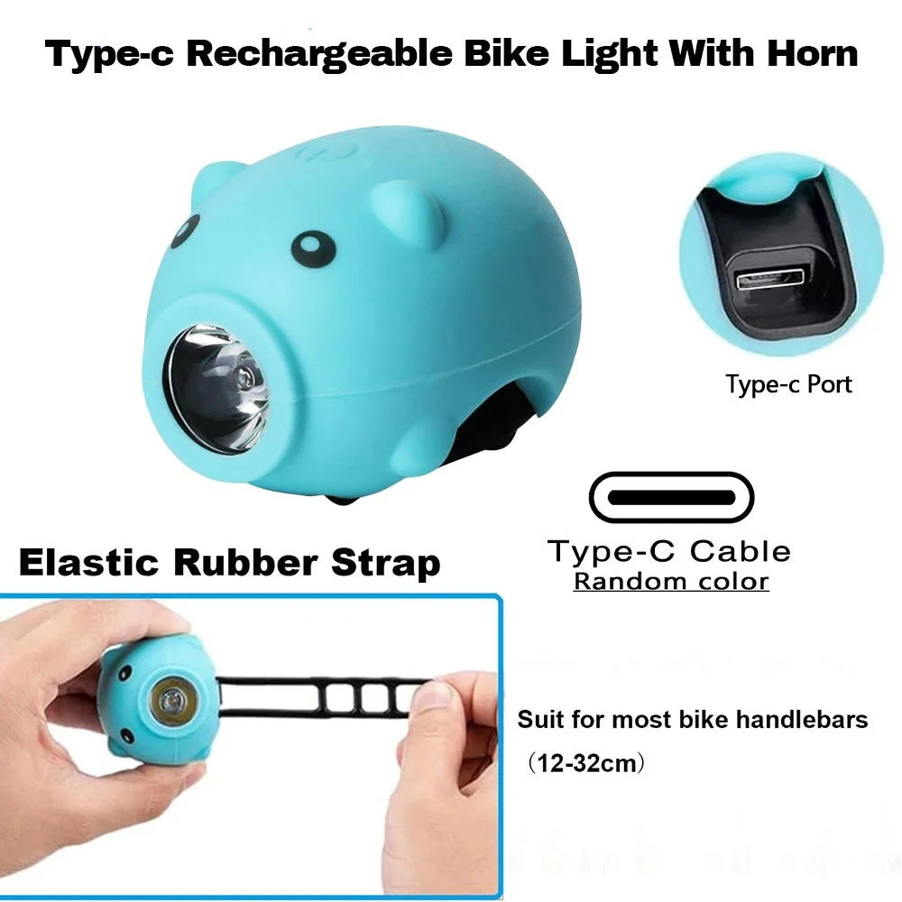 Cute Pig Bicycle Front Light with Horn Type‑C Rechargeable 3 Modes Headlight for Kids Bike Electric Scooter Night Riding Safety - view 3