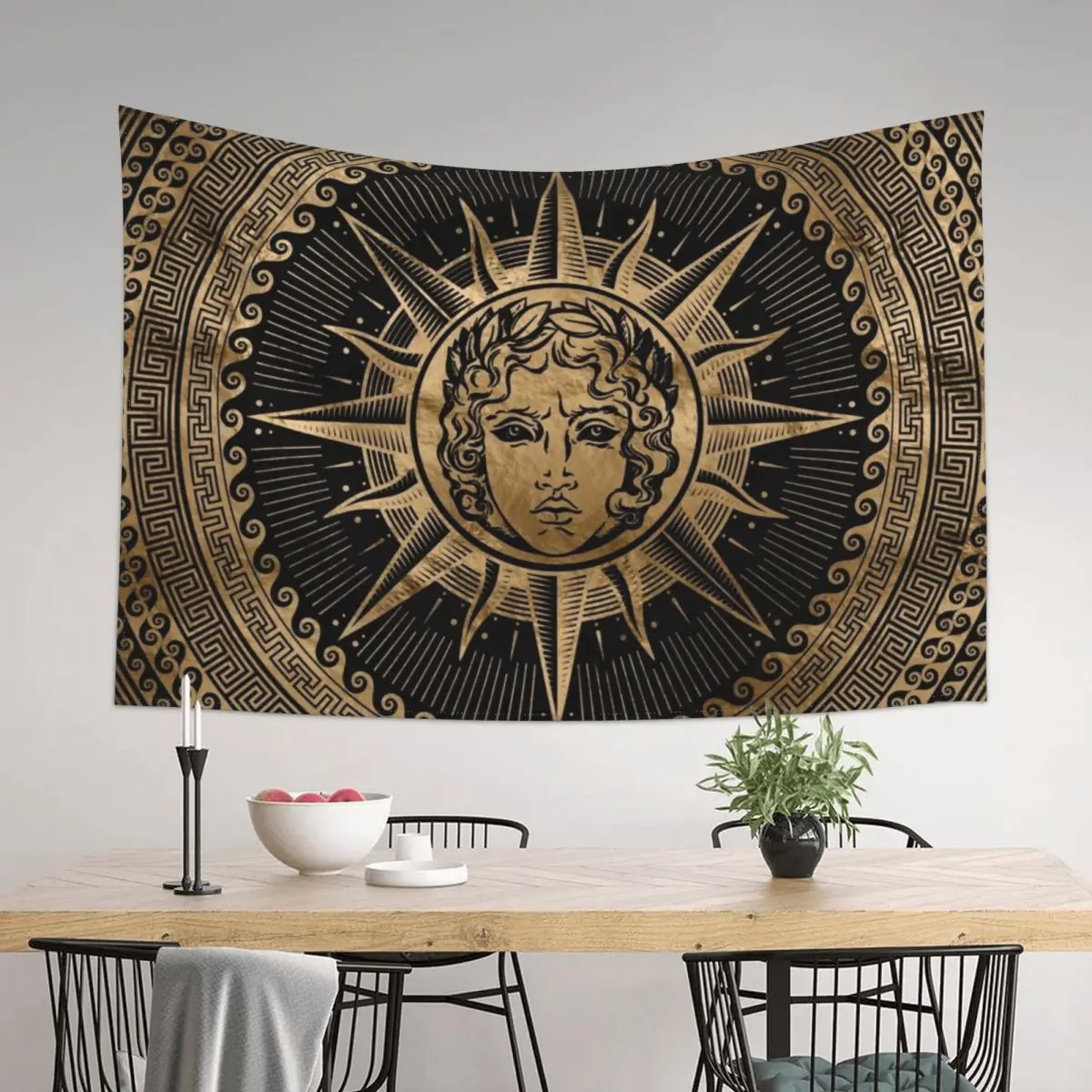 

Golden Apollo Sun God on Greek Key Ornament Tapestry Decoration For Bedroom Decorative Wall Aesthetic Room Decors Tapestry
