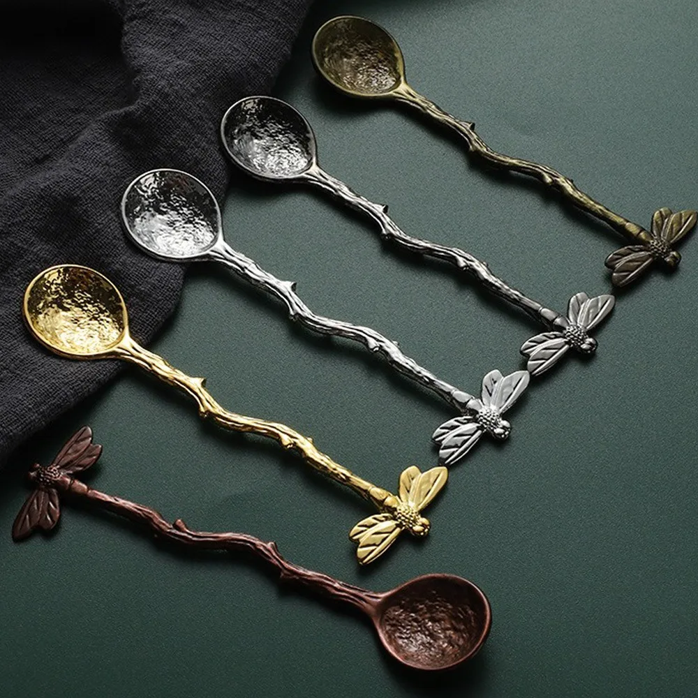 Vintage Royal Carved Dessert Spoon Dragonfly Pattern Mini Stainless Steel Tea Coffee Spoon Fruit Snack Tableware Kitchen Tools