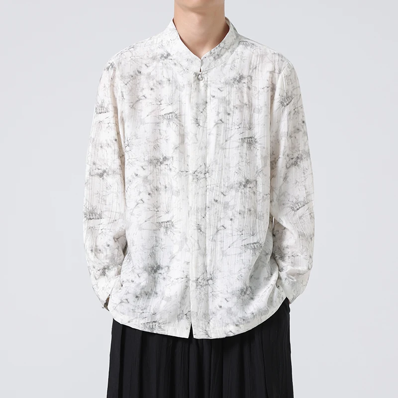 Men Henry Shirt Men's Long Sleeved Top Casual Fashion Clothing Chinese Style Bamboo Pattern Shirts Summer Vintage Hanfu Shirt
