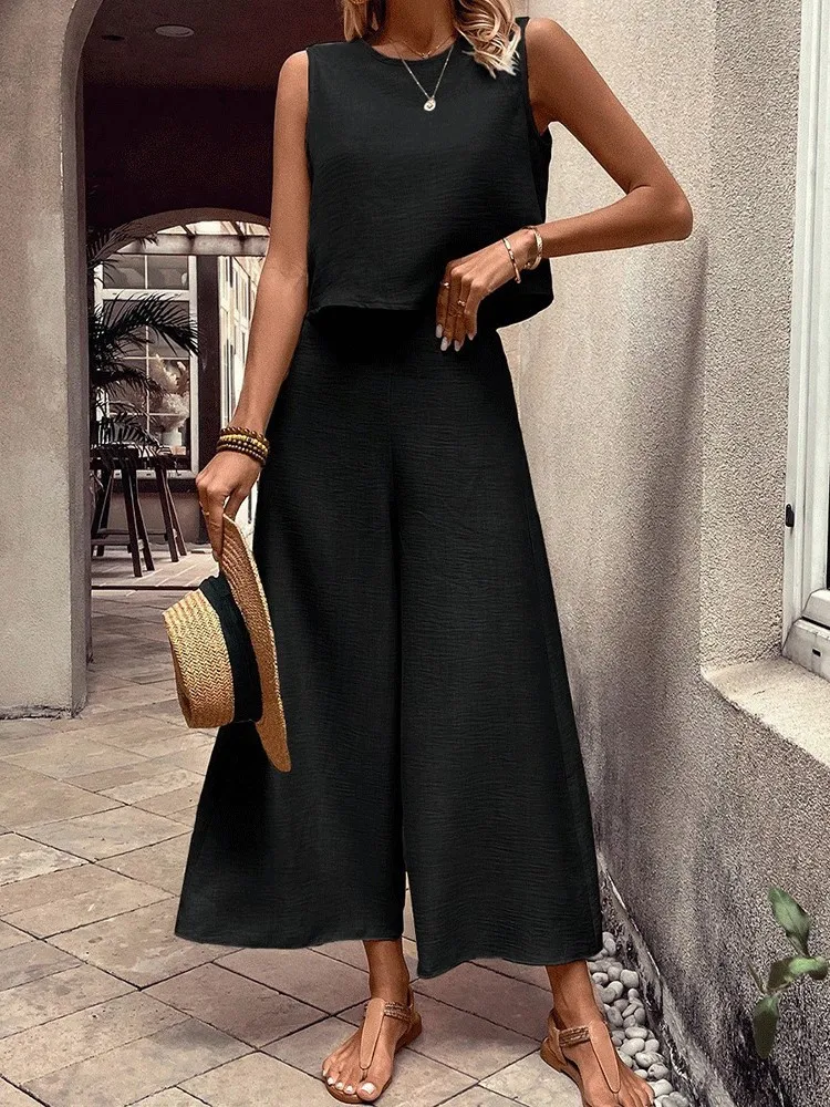 

Fashion Solid Sets Outfits Lady Casual O Neck Sleeveless Pullover Tops+High Waist Wide Leg Pants 2 Pieces Set For Woman Clothes