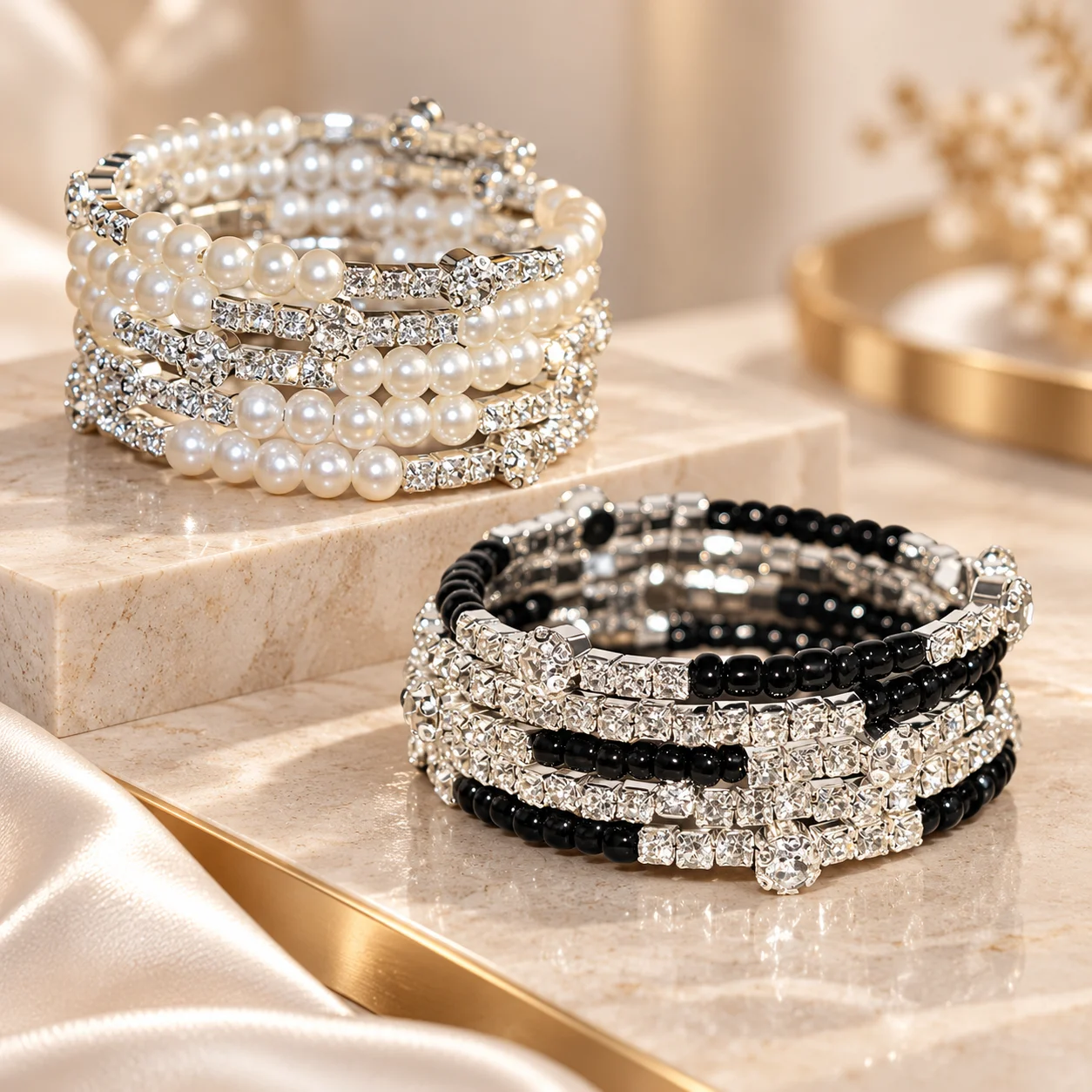 Imitation Pearl and Rhinestone Multi-Layer Bracelet for Women, Black and White Beaded Elastic Open Bracelet, Silver Alloy Crystal Diamond Wrap-Around Design, Adult Women's Fashion Wrist Accessory, Suitable for Banquets, Parties, Weddings, Dates, Commuting, Dress Suits, Dresses, European and American Style, Light Luxury, Sparkling and Eye-Catching, Multi-Row Layered Design, Comfortable to Wear, Exquisite and Elegant, Versatile Bracelet, Holiday Gifts, Birthday Gifts, Daily Wear, Evening Party Styling, Photography Accessories, High-End Feel, Eye-Catching Jewelry, New Hot-Selling Recommendation, Trendy Women's Wrist Decoration