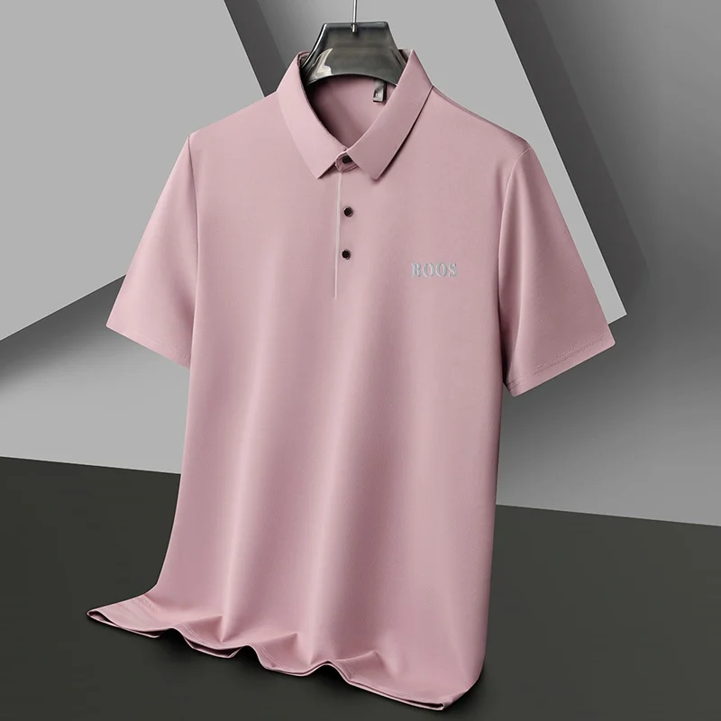 Freizeit-Herren-Kurzarm-Poloshirt mit Revers-Knopfleiste, Einfarbig mit Schriftzug, Bequemes Atmungsaktives Trendiges Herren-T-Shirt – Detail 16