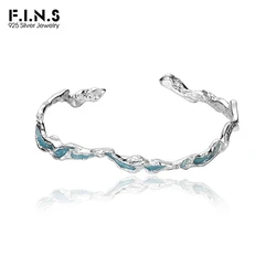 F.I.N.S Irregular Mint Blue Enameled S925 Pure Sterling Silver Bracelets Texture Open Bangle Wrist Fine Fashion Jewelry Woman