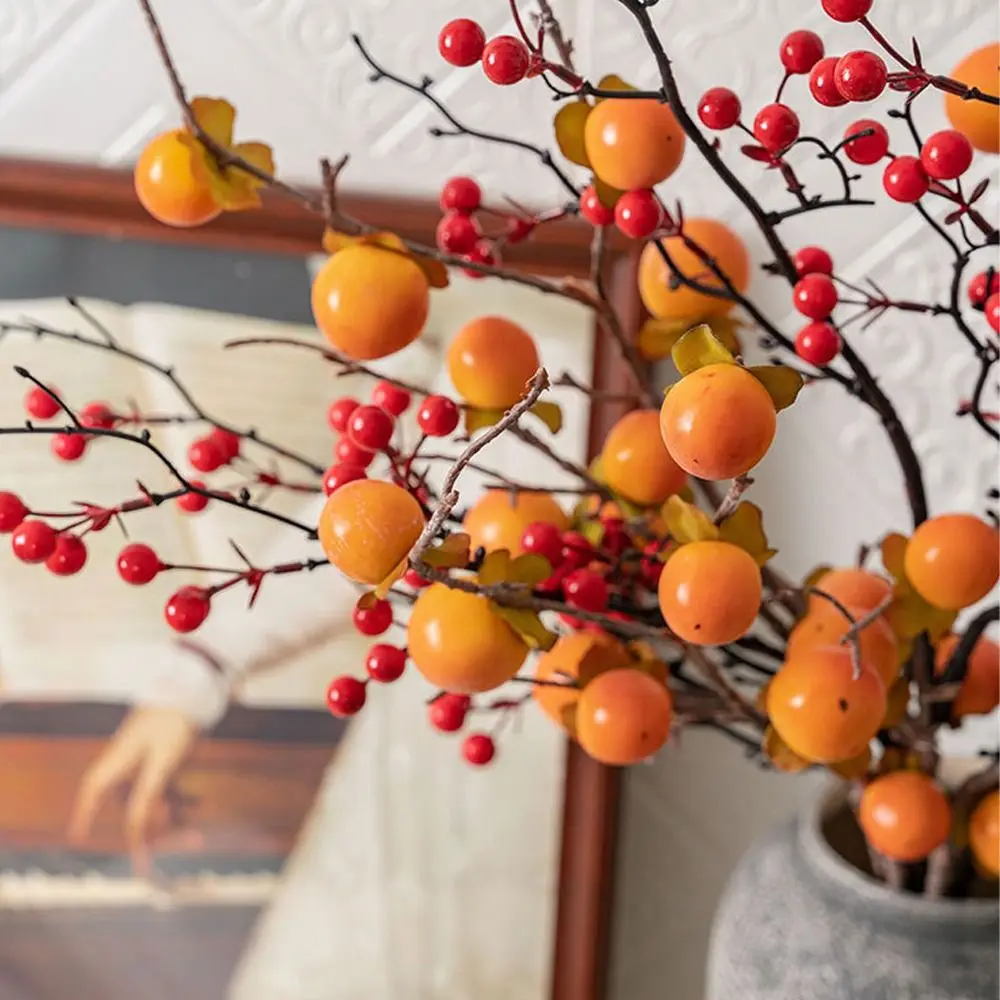 8-Fruit Artificial Persimmon Branches Realistic Handmade Simulation Persimmon Fruit Plastic Elegant Fake Plants