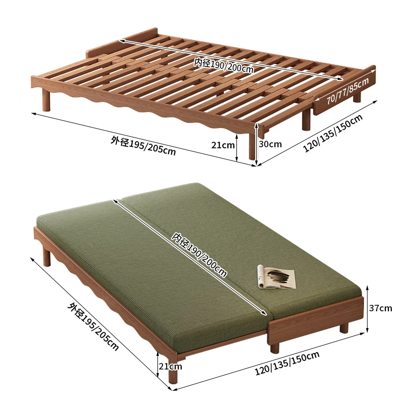 

New ash wood sofa bed folding dual-purpose living room study small apartment single double full solid integrated