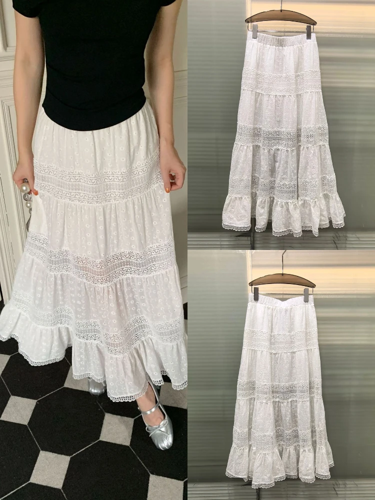 

Юбка-миди трапециевидной формы с высокой талией, кружевные лоскутные нежные утягивающие юбки длиной f, французские хлопковые кружевные повседневные юбки