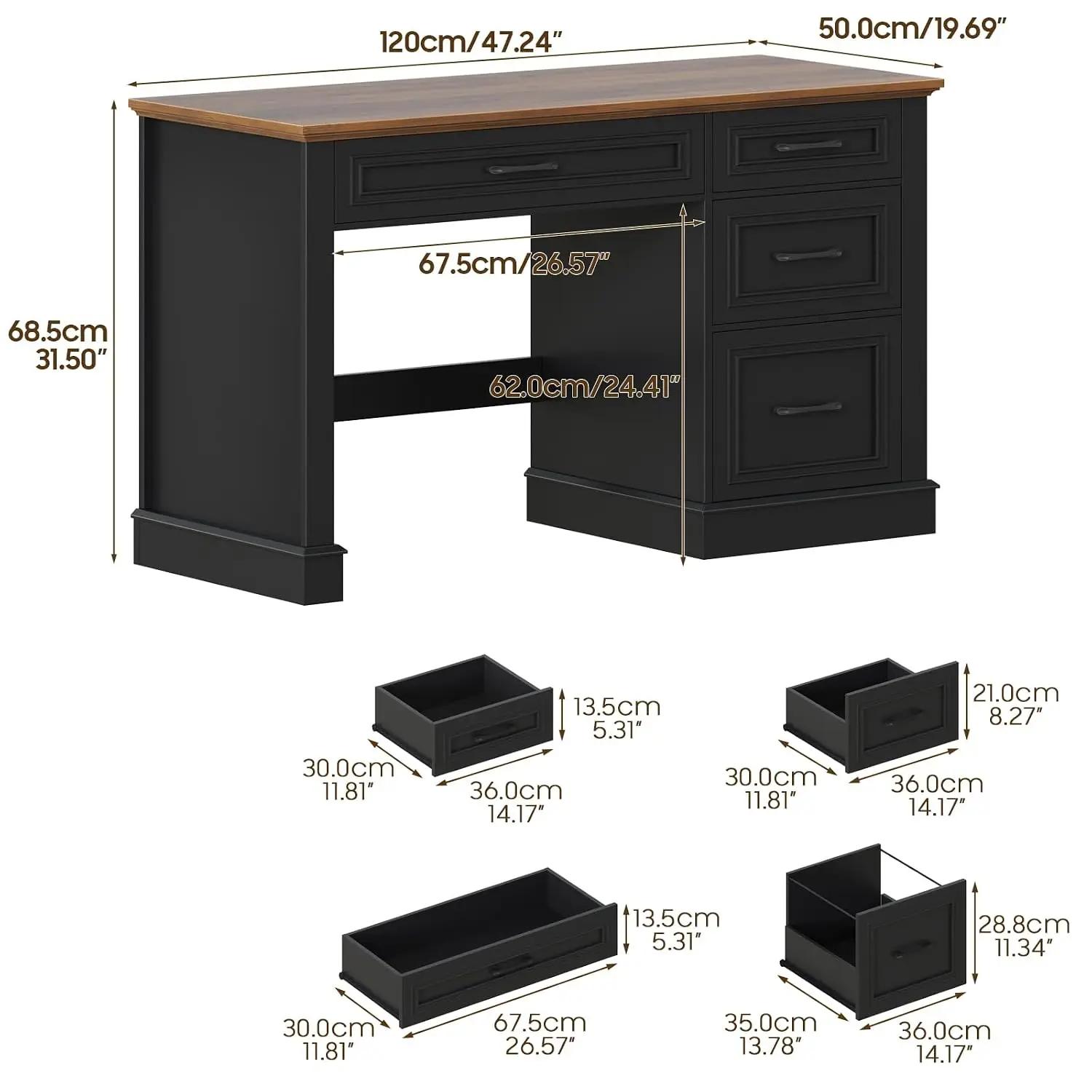Farmhouse Executive Desk With File & 4 Drawers, Computer Workstation For Home Office, 47