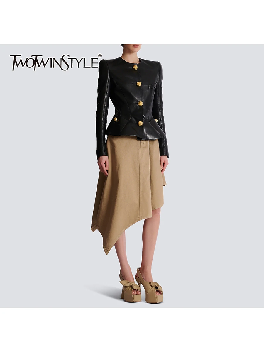 TWOTWINSTYLE модные комплекты из двух предметов для женщин, туника с круглым вырезом и длинными рукавами, кожаный топ с высокой талией, нерегулярная юбка, женский новый комплект