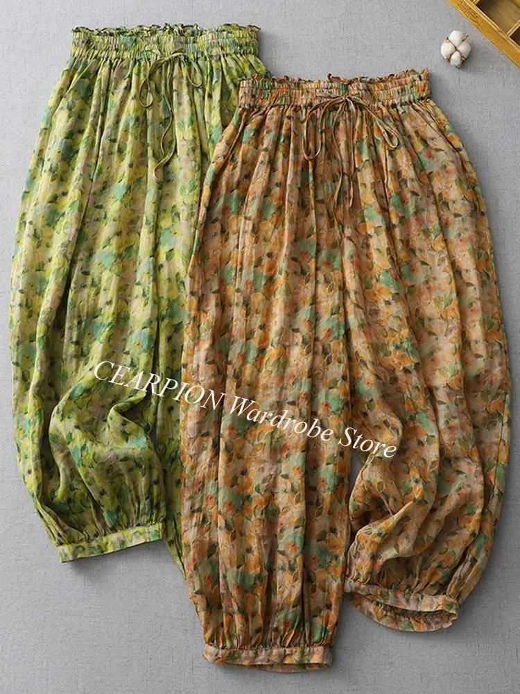 

Ethnic Style Vintage Women Lantern Pants 2025 New Floral Print Oversized Casual Loose Female Harem Pants Calf-Length Bloomers
