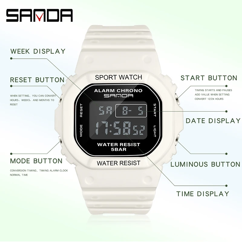 Fashion Sanda Top Brand Luxury Women Sport Watch Waterproof Square Electronic Led Digital Clock Led Countdown Reloj Mujer