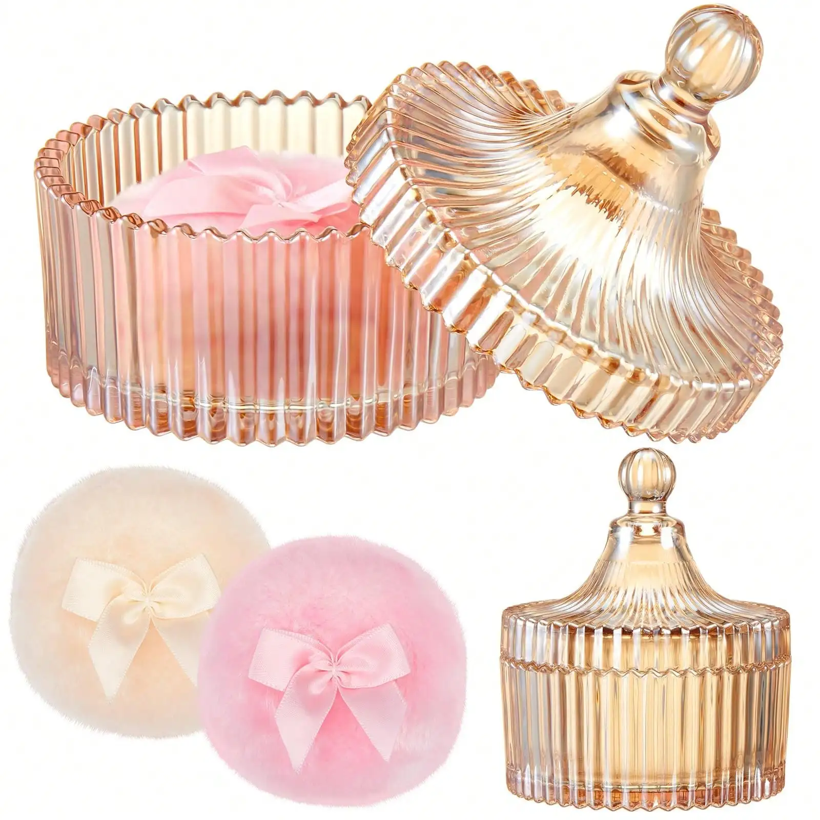 Retro Glass Dusting Powder Jar With 2 Fluffy Puffs, 4" Large Body Powder Container Set, Multi-Use Storage Holder For Bathroom, Bedroom, Elegant Home Decor
