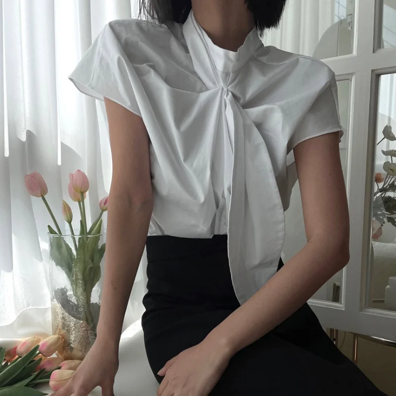 

Женская универсальная базовая футболка с плиссировкой и узлом на горловине в корейском стиле для повседневной носки весной, осенью и зимой