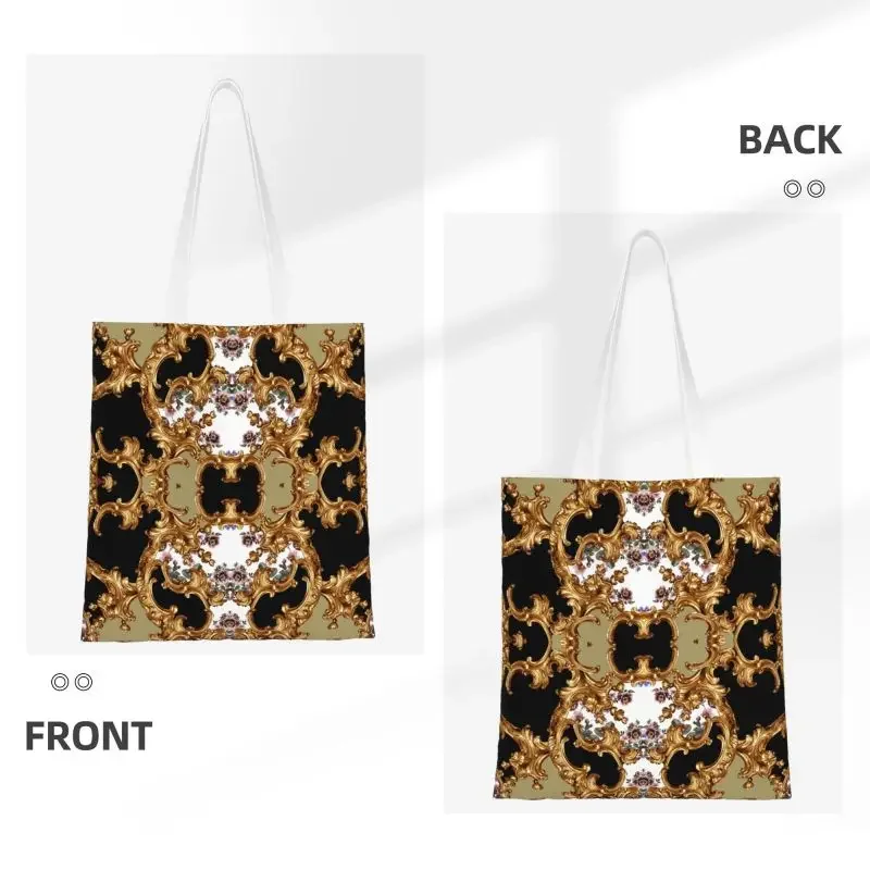 Reusable Gold Baroque Elegance Shopping Bag Women Shoulder Canvas Tote Bag Portable Geometric Patterns Groceries Shopper Bags