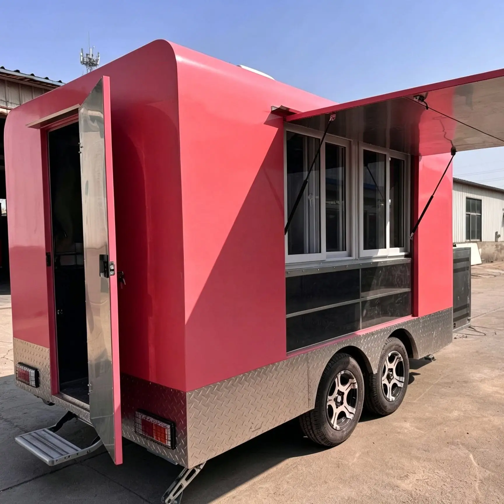 New Style pink Food Trailer Cupcake Catering Cart with Display Case for Cake Candy Ice Cream Donut Red Velvet Cake coffee Truck