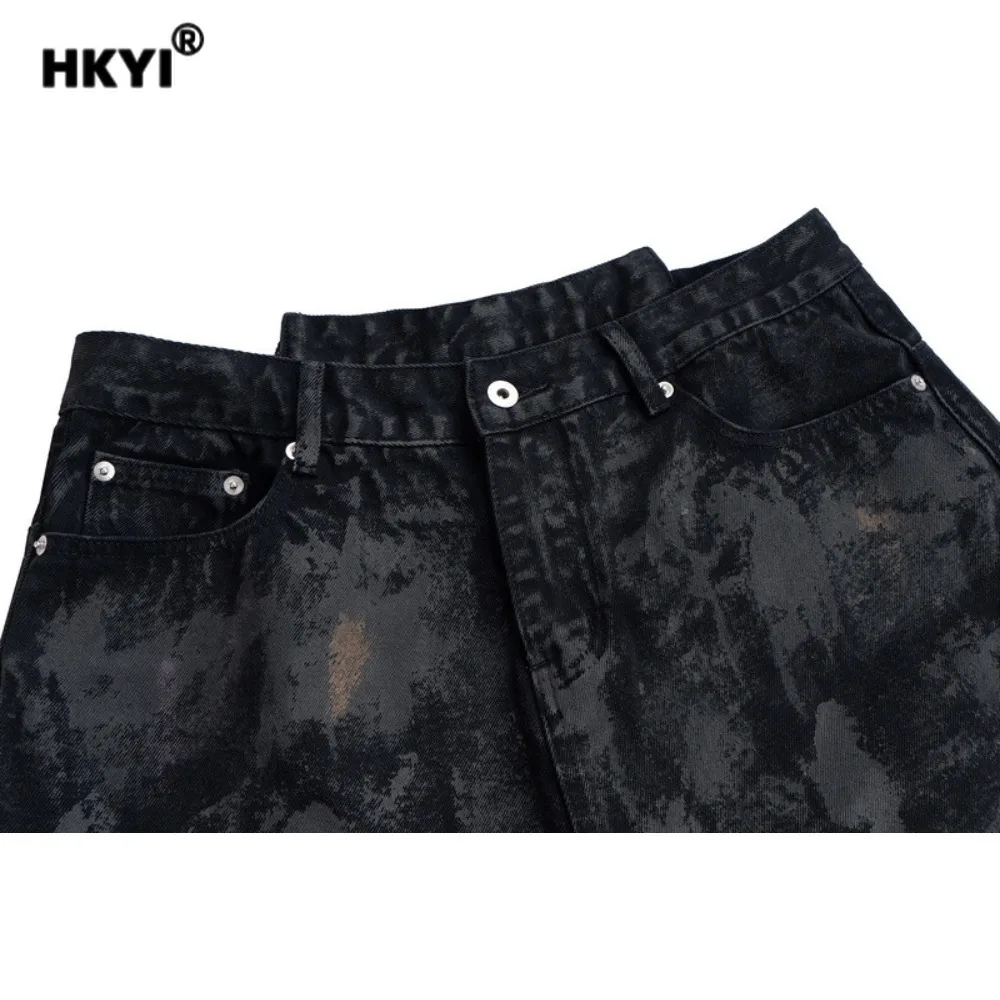 HKYI mens jean shorts washed, pleated, dirty, dyed cat Moustache Effect destroyed, deconstructed, loose casual denim shorts