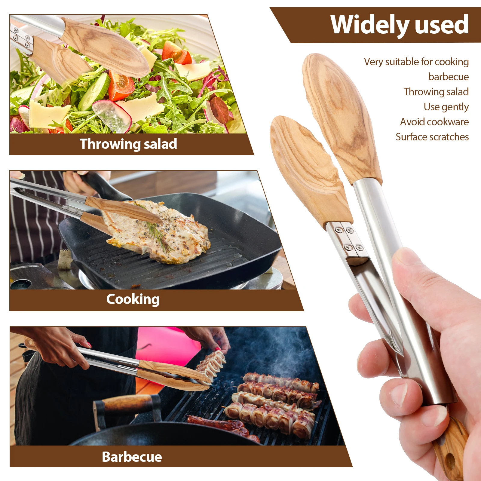 Olive Wood Cooking Tongs with Wood Tips and Stainless Steel Handle Locking Kitchen Tongs Nonstick Wood Tongs Multifunctional