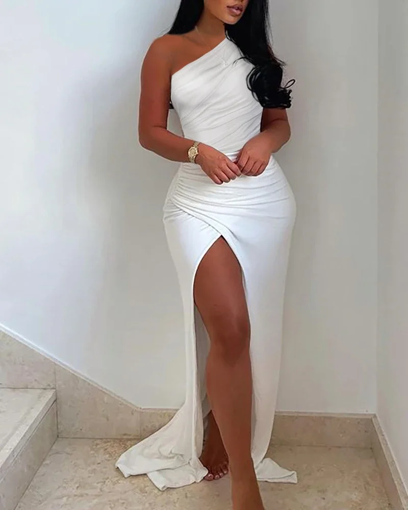 Sommer Mode Elegante Schrägen Hals Abendkleid Frauen Sexy Eine Schulter Hohe Split Kleid Weiß Sexy