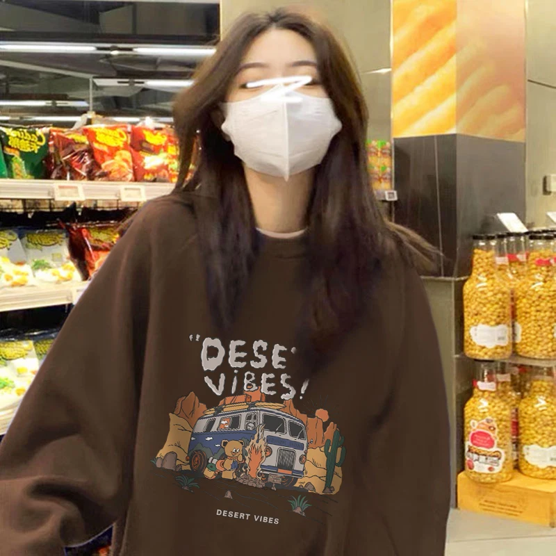 Retro Brown Fleece Women's Oversize Sweatshirt Autumn Winter Large Size Trendy American Cartoon Print Comfortable Casual Top