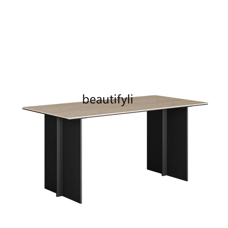 Modern minimalist Italian luxury travertine rock slab dining table and chairs rectangular living room home retro high-end sense