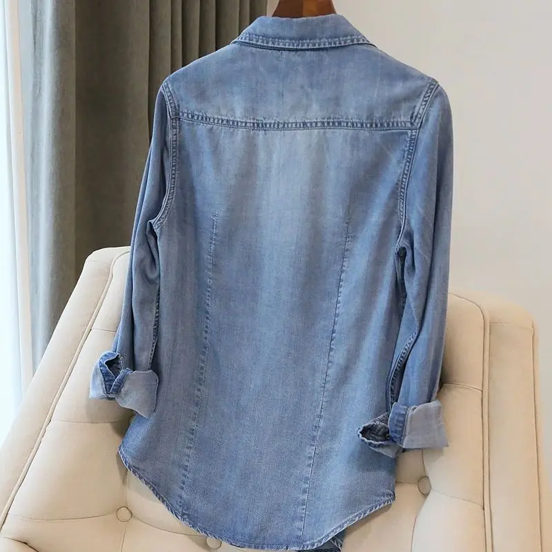 2024 New Spring Summer Women Denim Shirts Long Sleeve Loose Thin Jeans Shirts Tops