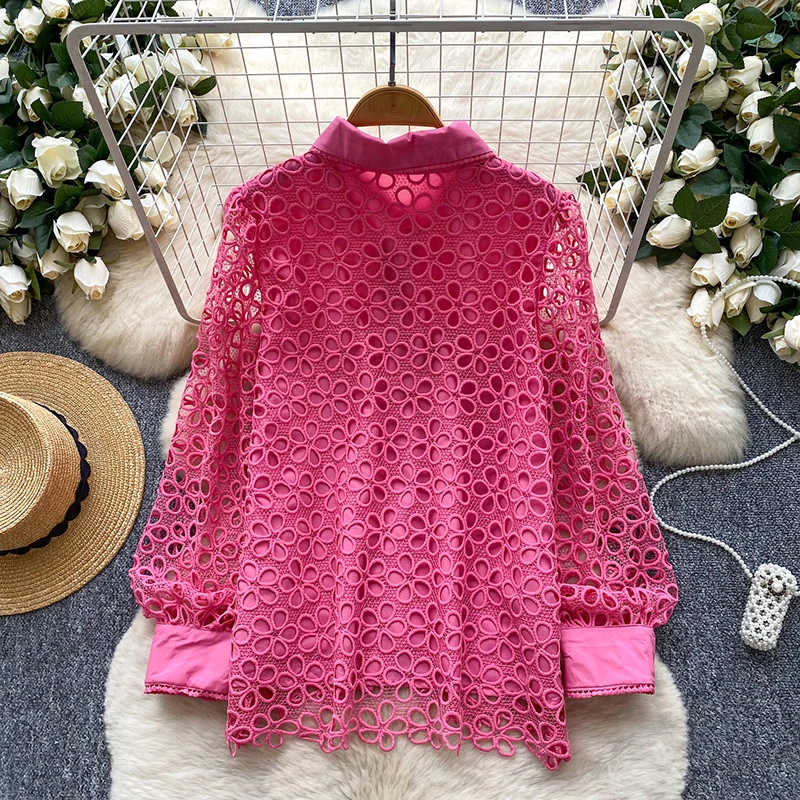 Palace Style  Hollowed Out Hook Flower Lace Blouse Top for Women Autumn Elegant Versatile French Single Breasted Shirt Trend W82