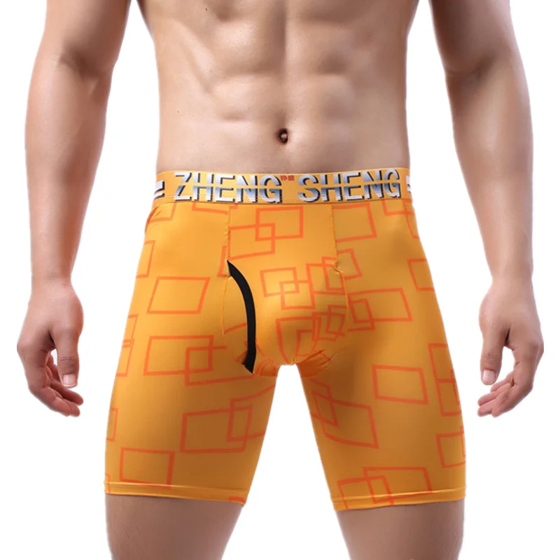 Mens Underwear Boxers Shorts Slim Ice Silk Panites Man Printed U Convex Pouch Long Leg Underpant Male Cueca Calzoncillo X-4XL