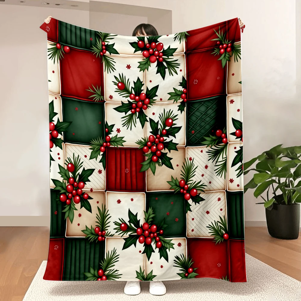 1PC Christmas Holly Berry Print Blanket-Made of soft, fluffy flannel, perfect for a sofa, bed or lounge chair. Ideal for holiday