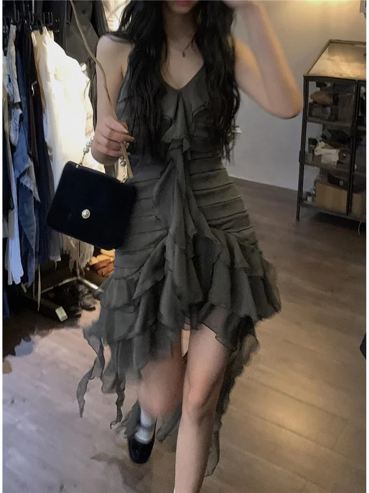 

Japanese Sexy Dark Sleeveless V-neck Women Dresses Cascading Ruffles Asymmetrical Femme Robe Harajuku 2024 Summer Camisole Dress