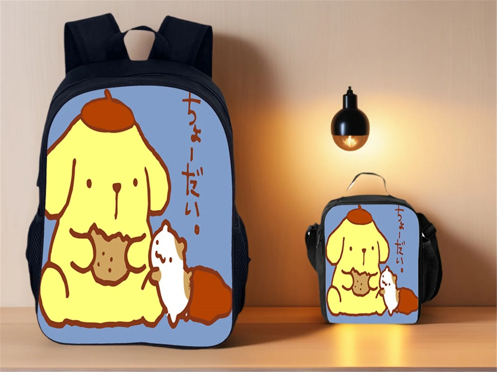 

Cartoon School Backpack+Insulated Lunch Bag 2Pcs Set-Pom Pom Purin Cute Daypack Sanrio Classic Rucksack for Children