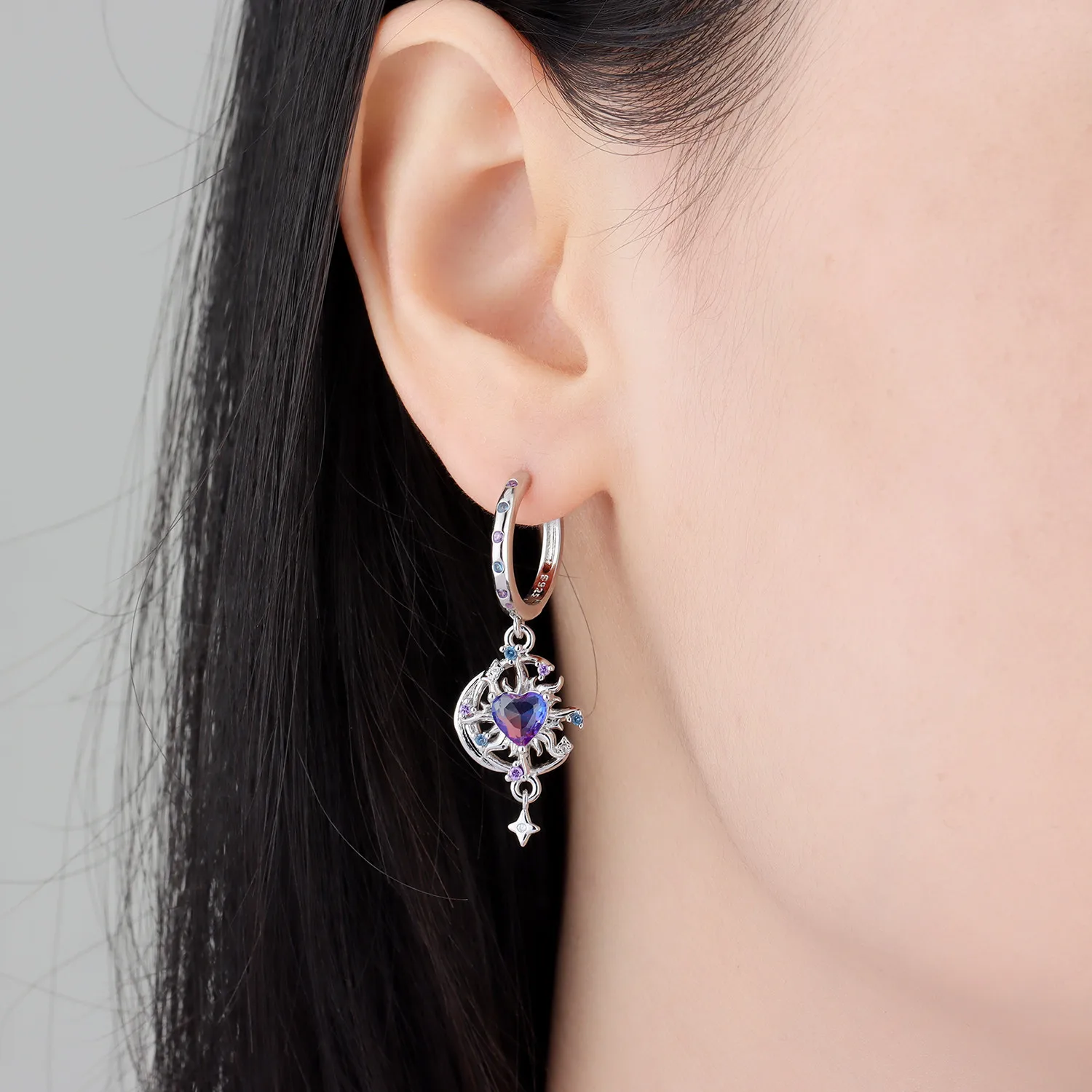 Original 925 Sterling Silber Ohrring, Exquisiter Lila Herzförmiger Ohrring für Frauen, Tägliches Schmuckgeschenk zum Geburtstag oder Valentinstag – Detail 4