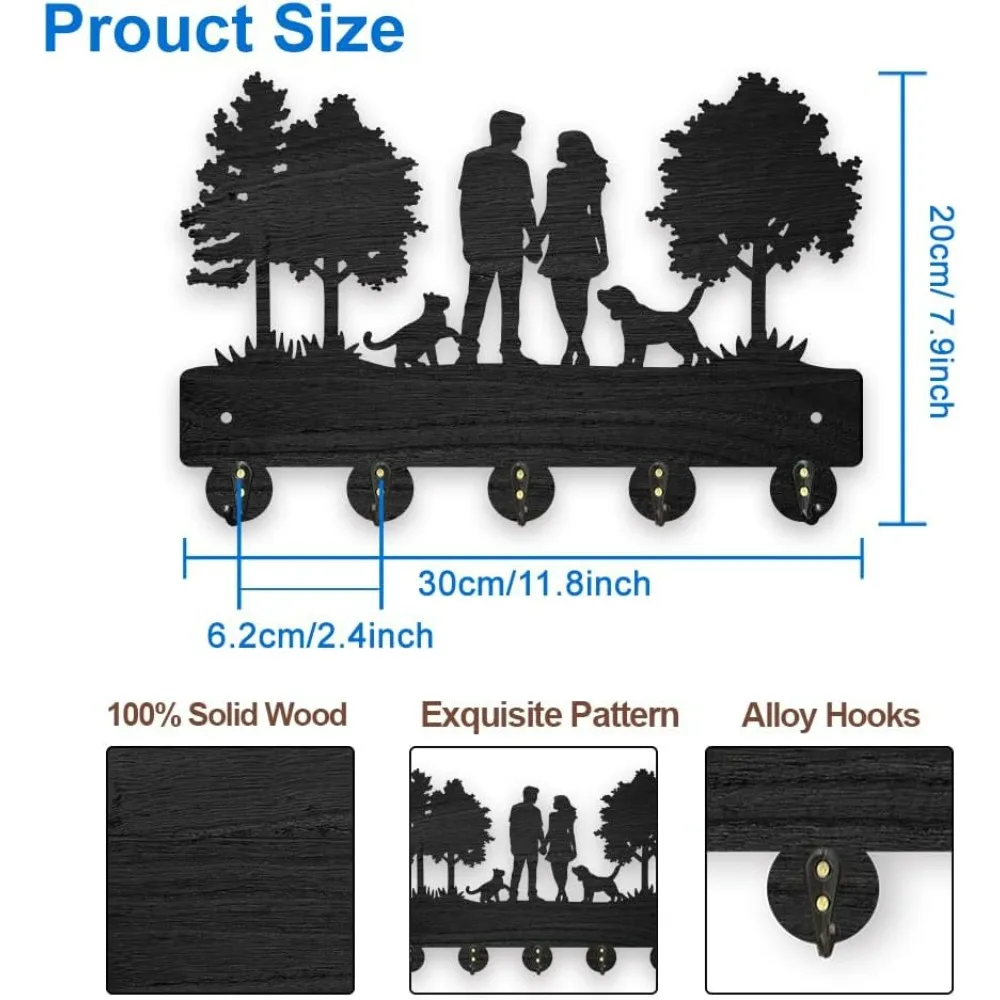 Couple Cat Dog Coat Rack Wood Family Pet Key Hanger for Wall 11.8×7.9inch Home Tree Animal Key Holder Key Rack 5 Alloy Hooks