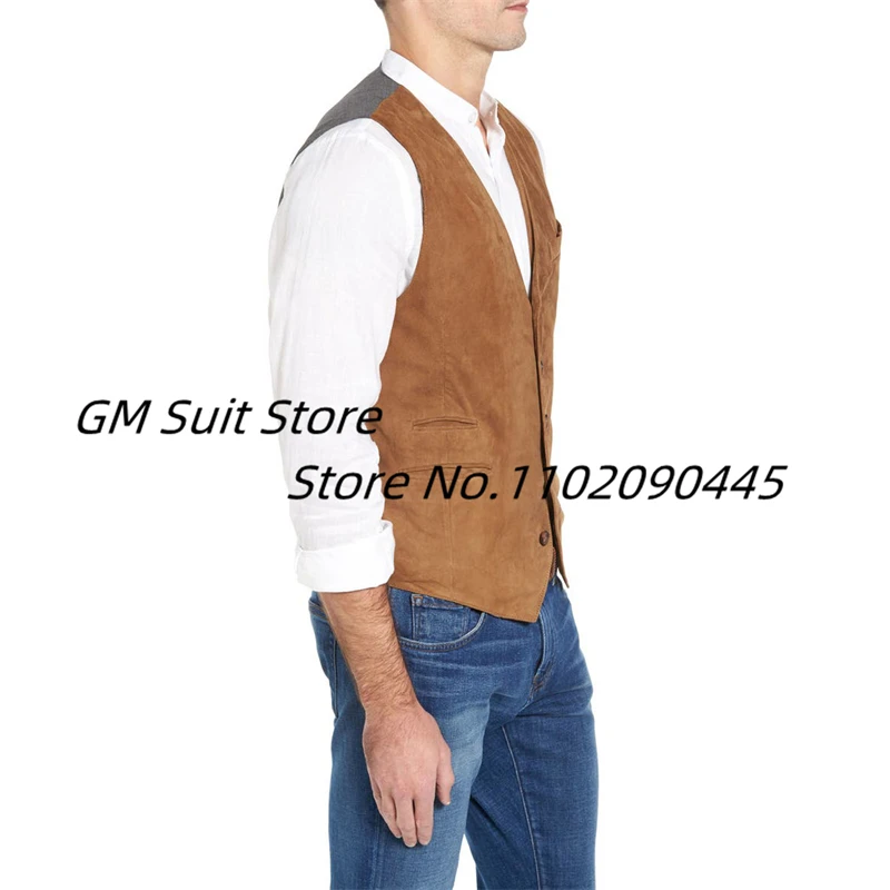 Mens Dress Vest Suede Leather 5 Buttons Male Waistcoat Formal Gilet Homme Business Slim Fit Suit Vest