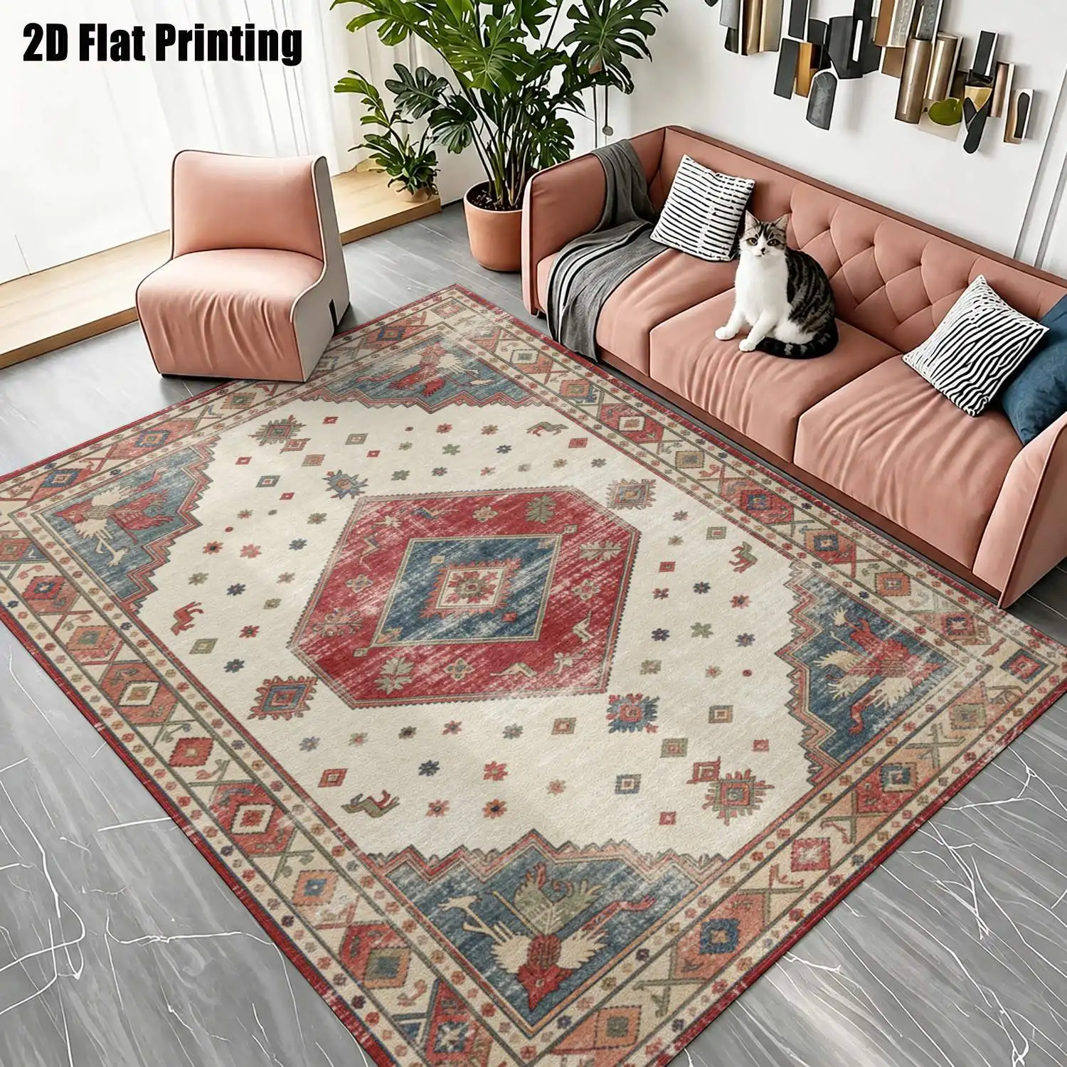 1Pc 2D Printed Gray-Brown Retro Scrolling Flower Carpet, Vintage/European/Minimalist Style, Home Decor, Multi-Size, Machine Washable, Multi-Scene Use