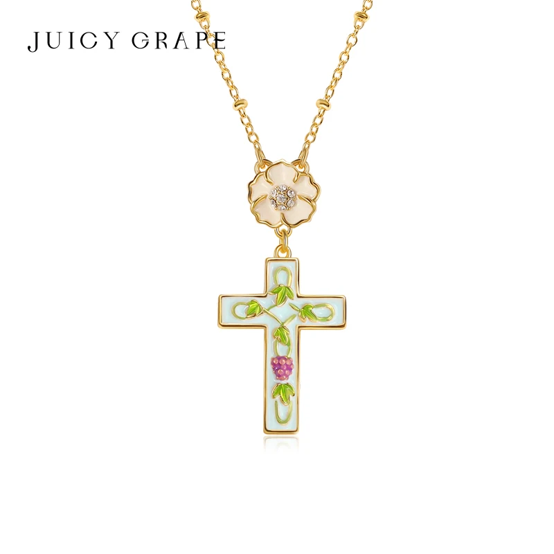 

Juicy Grape Cross Grape Flower Necklace For Women Enamel Flower Necklace Handmade Enamel Jewelry Gift Mother's Day Gift