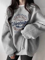 Grey Womens Clothing Vintage Street Sweatshirt Hooded Harajuku Y2K Letter Pullover Long Sleeves Warm Oversize Baggy Ladies Tops