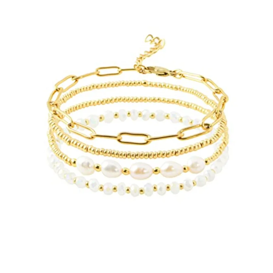 

Dainty Gold Plated Pearl Crystal Beaded Bracelets Set for Women 14K Gold Plated Bead Pearl Beads Bracelet Stackable Paperclip L