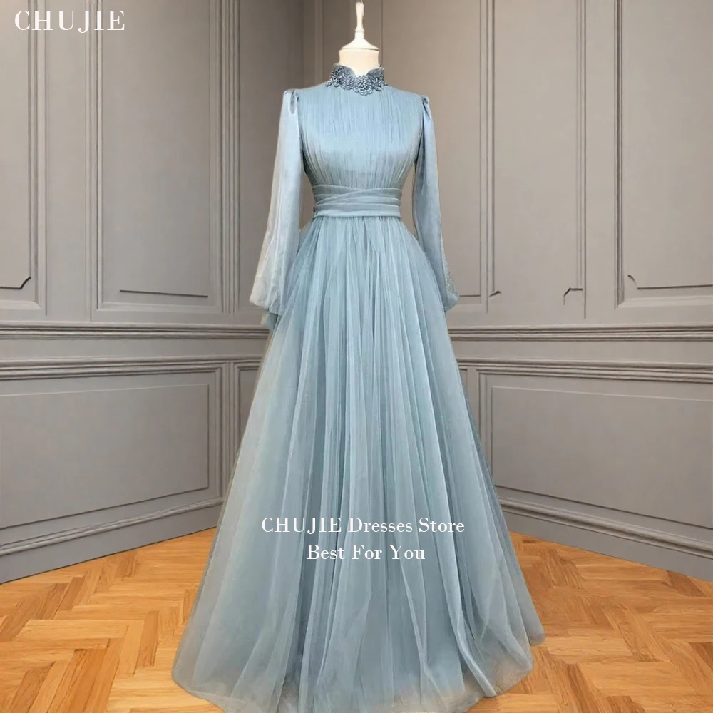 

Customized Muslime Long Sleeves Evening Dresses High Neck Appliqued Tulle Modest Formal Women Prom Gowns Wedding Guest Outfits